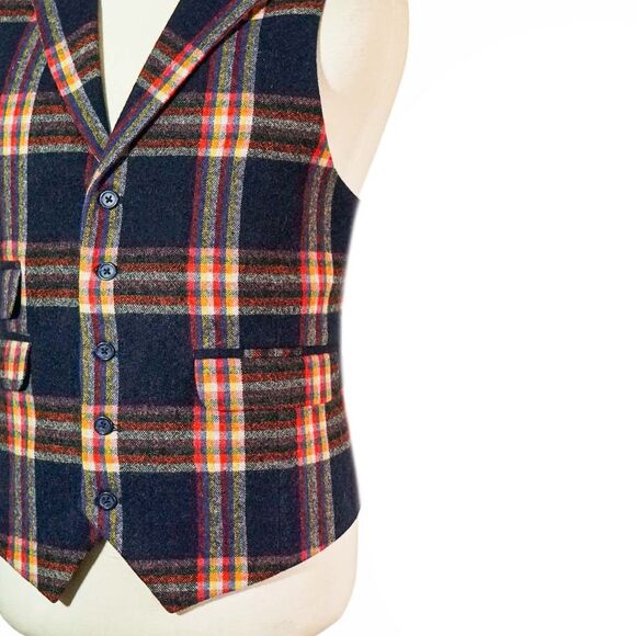 Mens 46R Wool Blue Orange Red Plaid Vest Waistcoat Wedding Party Formal Casual - Picture 5 of 8